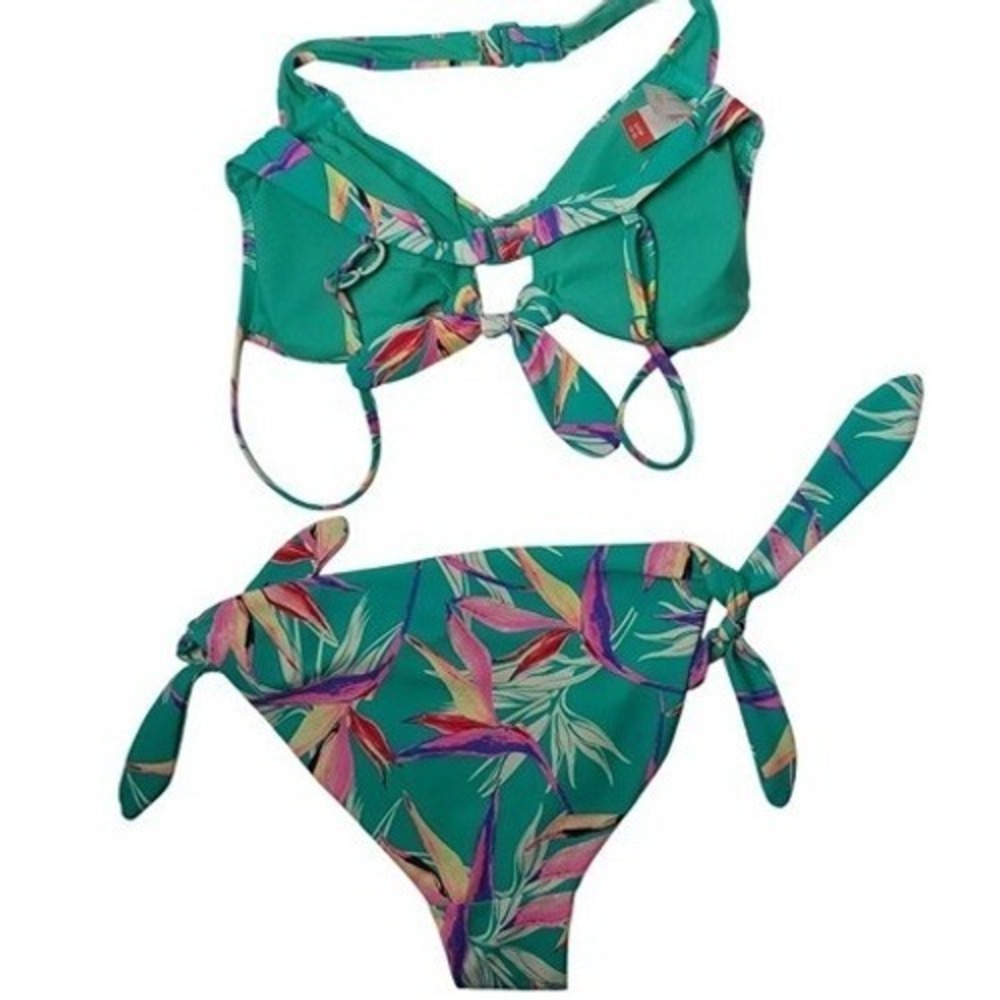 No‎ Boundaries Girls Tropical Bird of Paradise Bikini Set Teal Green S 3-5